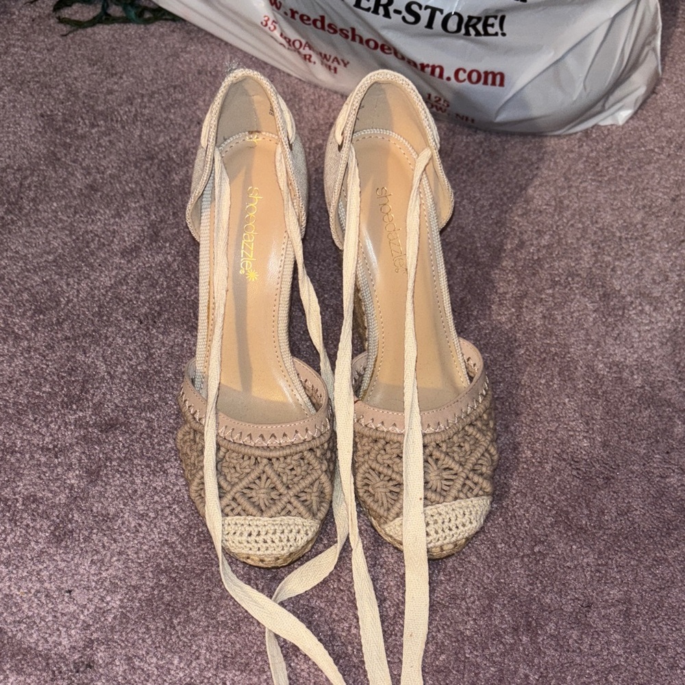 Shoe Dazzle Beige Crochet Lace-Up Heels
